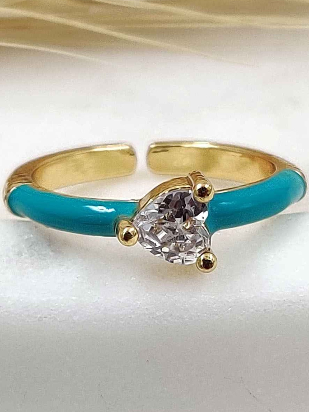 LOLO LePA  Women Gold & Turquoise Blue Brass Heart Finger Ring