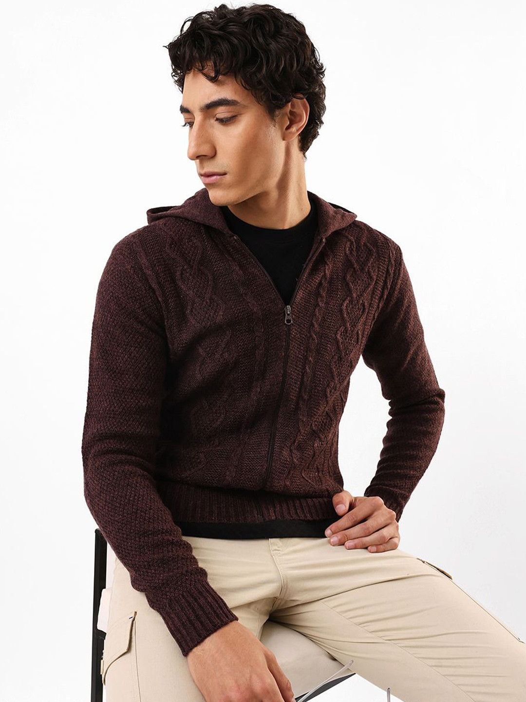 Dennis Lingo Men Cable Knit Hooded Front-Open Sweater