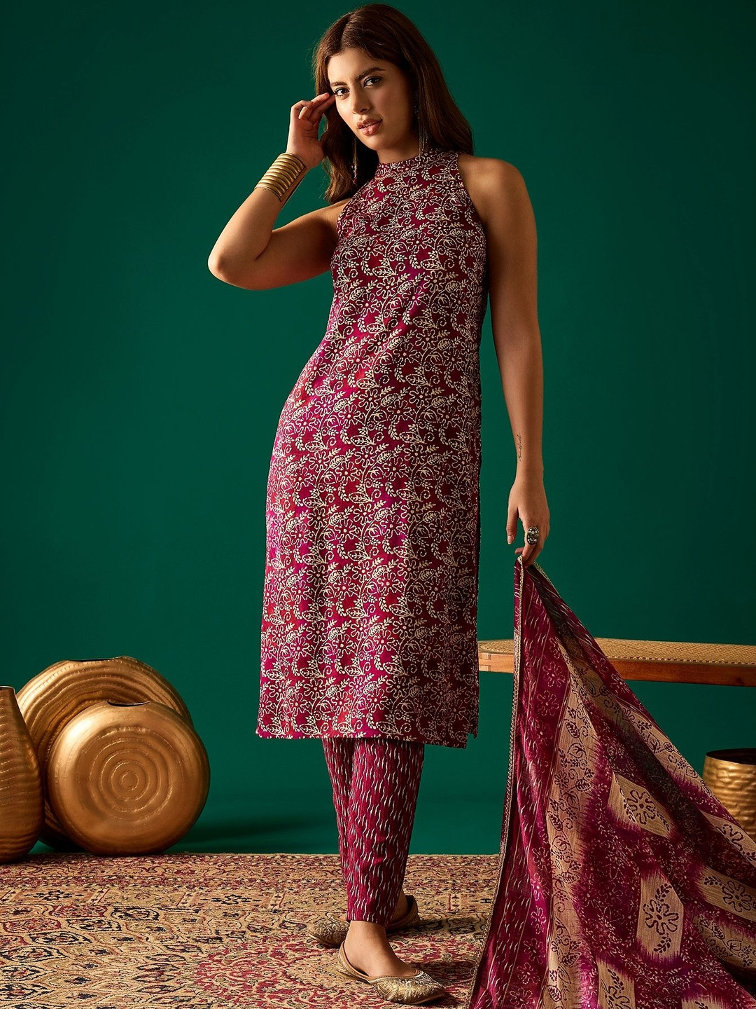 Women's Magenta Floral Printed Kurta with Trouser & Dupatta