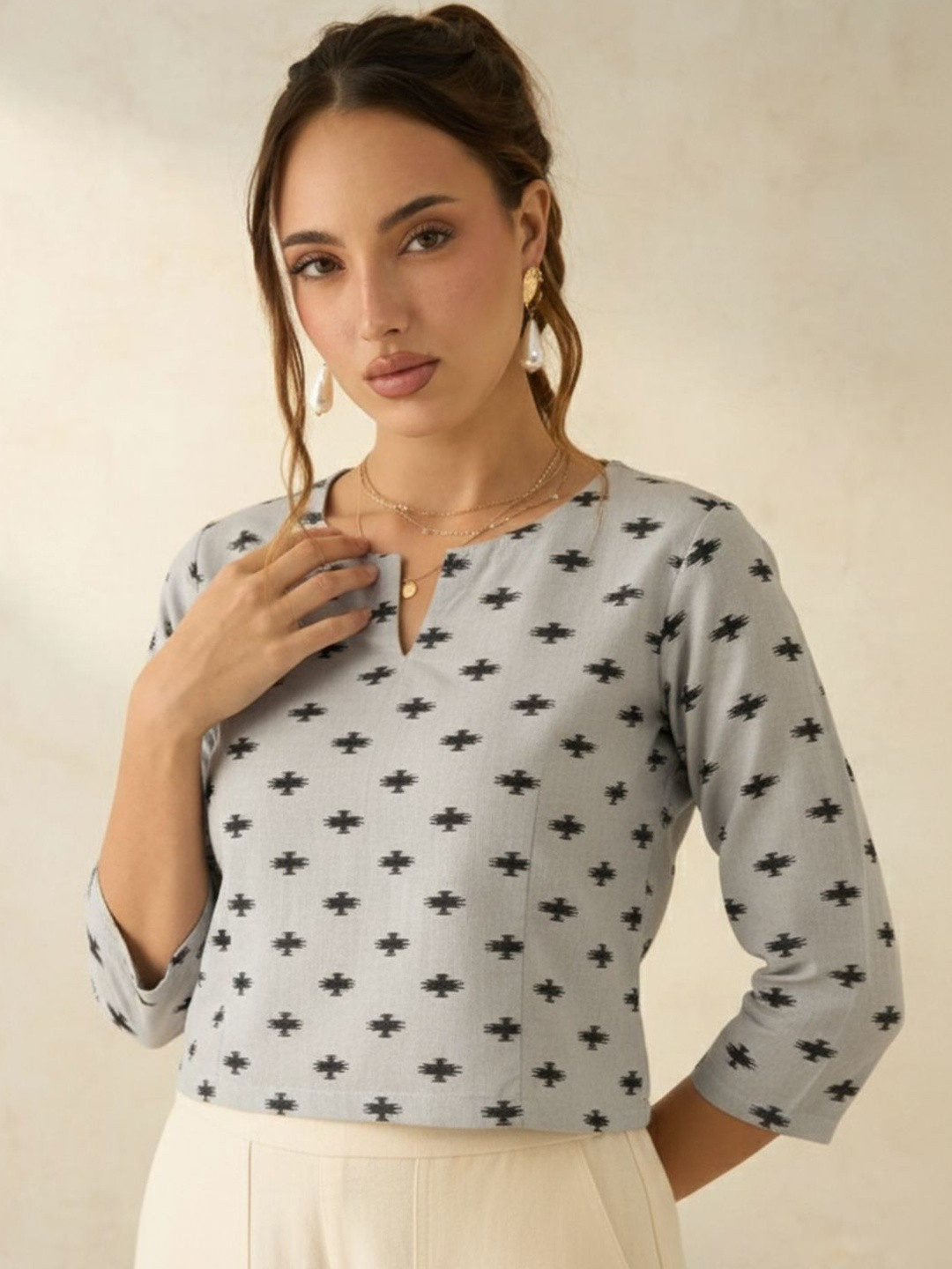 Eco Clothing Women Ikat Printed Pure Cotton Top