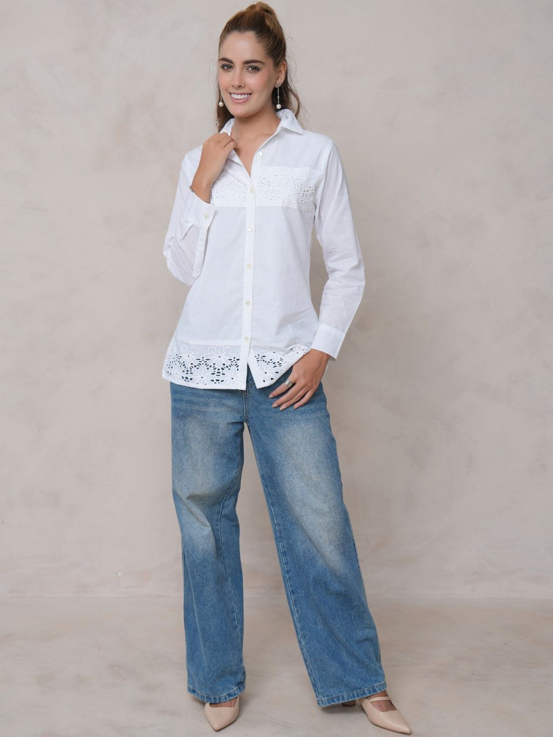 Zolo Label Women Floral Self Design Embroidered Full Sleeve Cotton Shirt