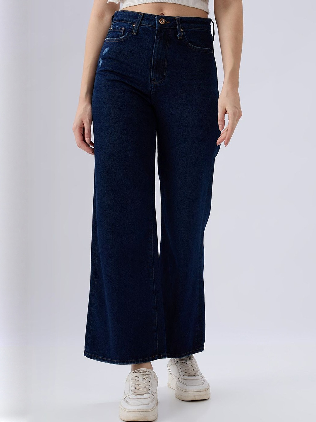 Spykar Dark Blue Wide Leg High Rise Jeans For Women