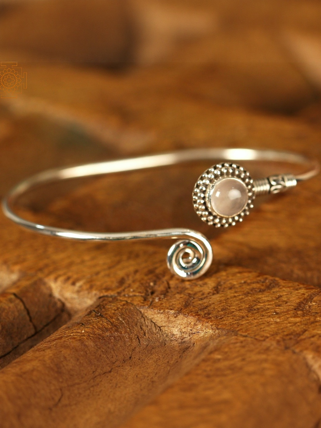 Exotic India Women Sterling Silver Stone and Spiral Cuff Bracelet