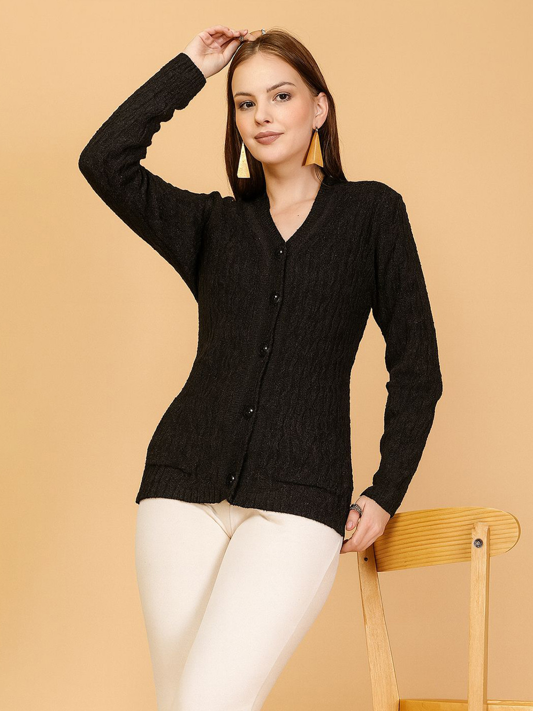 all about you Women Textured Knitted Button-Down Cardigan with Pockets