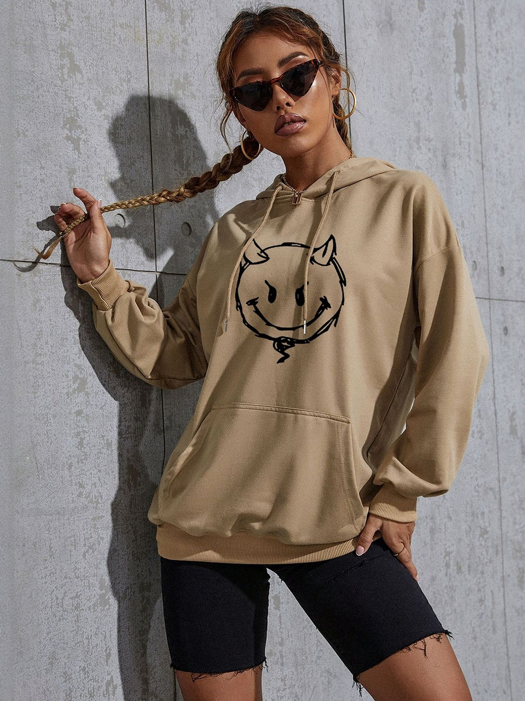 HERE&NOW Women Printed Cotton Long Sleeves Kangaroo Pocket Hooded Pullover Sweatshirt