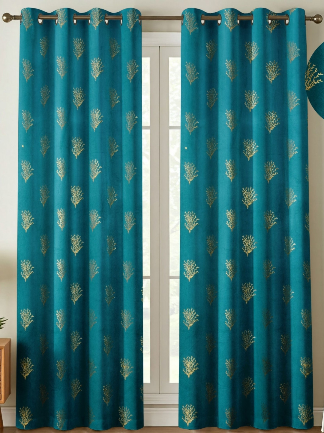 GEET CREATIONS Teal Blue 2 Pieces Floral Room Darkening Velvet Window Curtains
