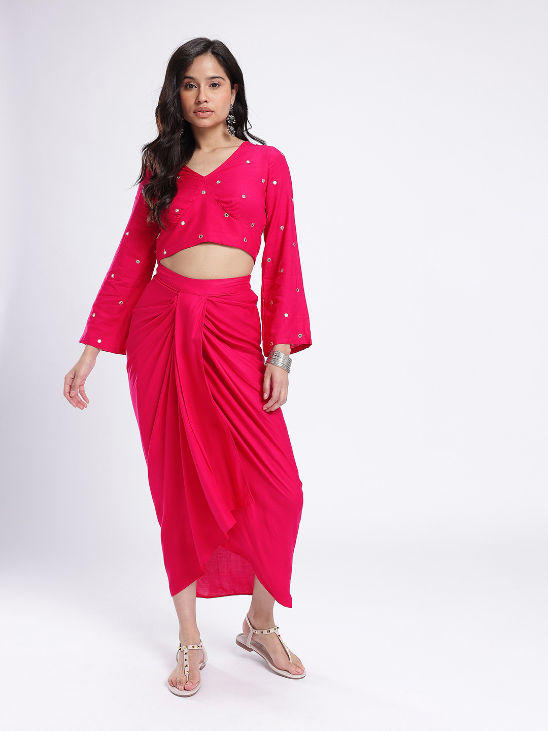 fusion by glitchez Mirror Work V-Neck Styled Back Pleated Co-Ords with Tie-Ups