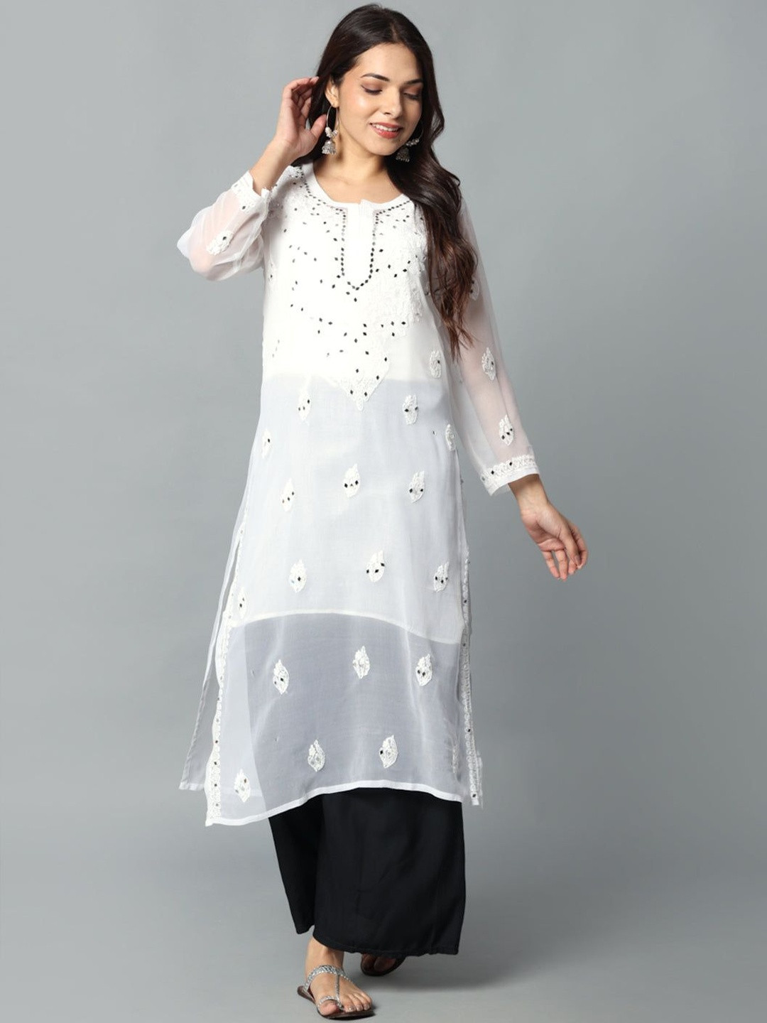 Gulbarg Chikankari Georgette Straight Kurti With Mirror Work & Matching Cotton Inner