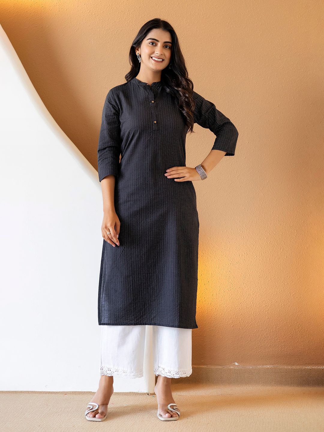 Cora  Striped Mandarin Collar Cotton Kurta
