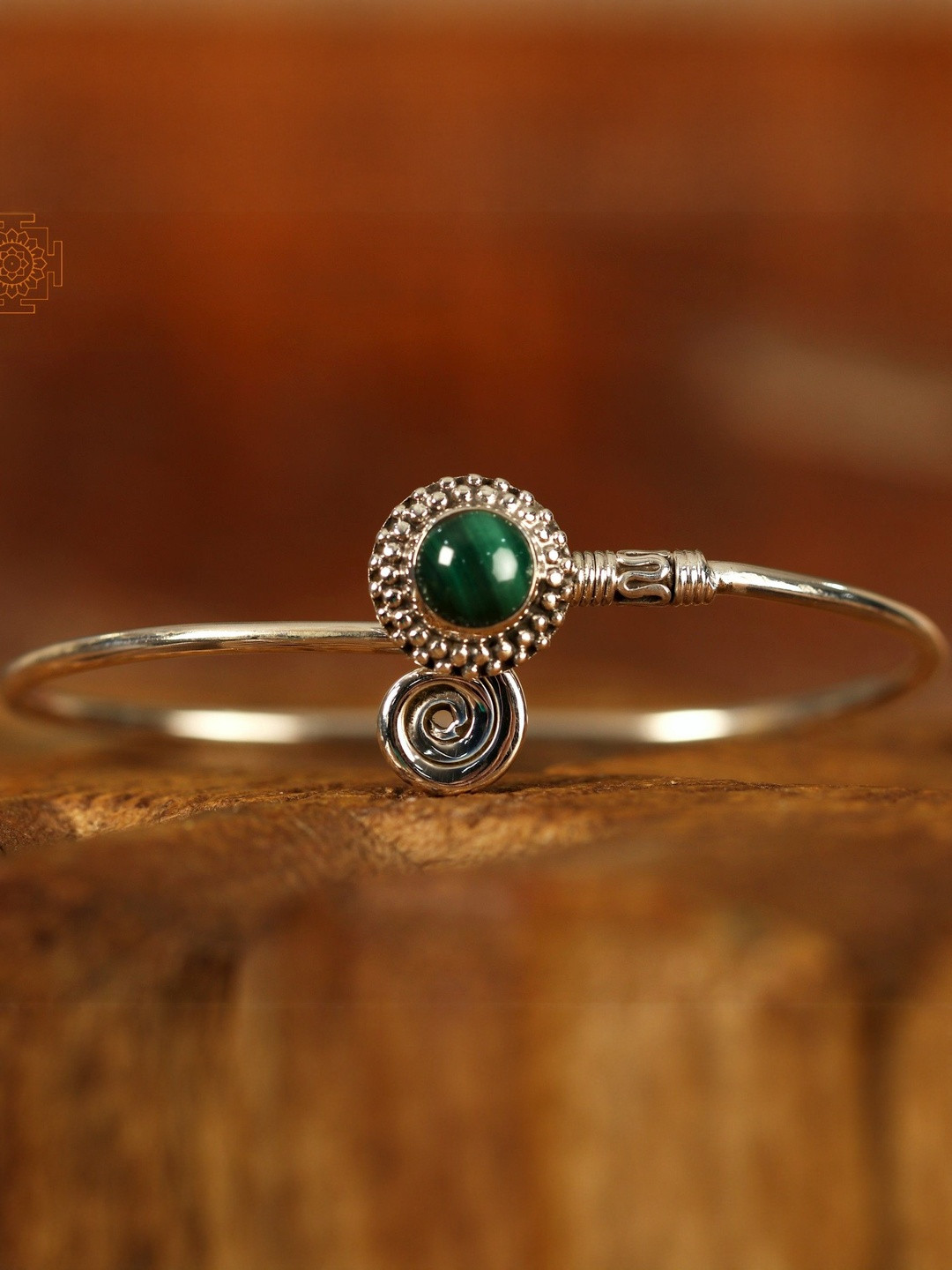 Exotic India Women Sterling Silver Stone and Spiral Open Cuff Bracelet