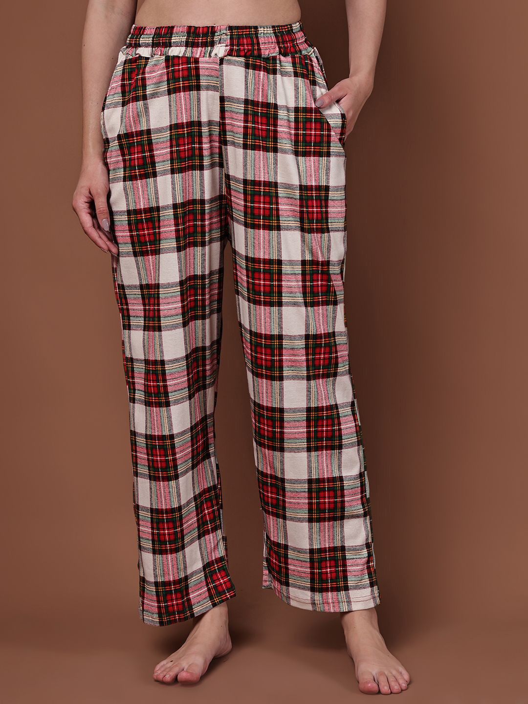 Valles365 by S.C. Women Checked Mid-Rise Straight Cotton Lounge Pants