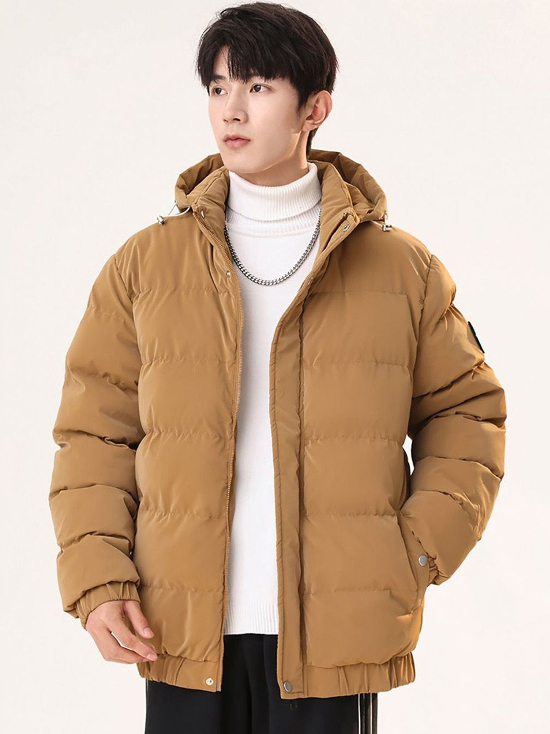 HERE&NOW Men Brown Solid Stand Collar Long Sleeves Puffer Jacket