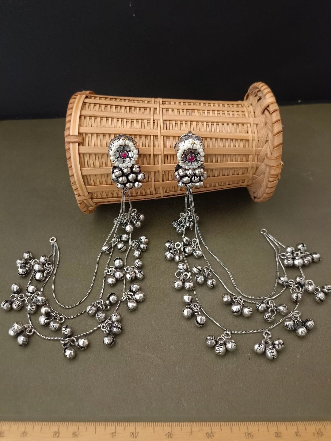 Sanjog Silver Plated Pachi Kundan & Ghungaroo Studded Kashmiri Ear Cuff Earrings
