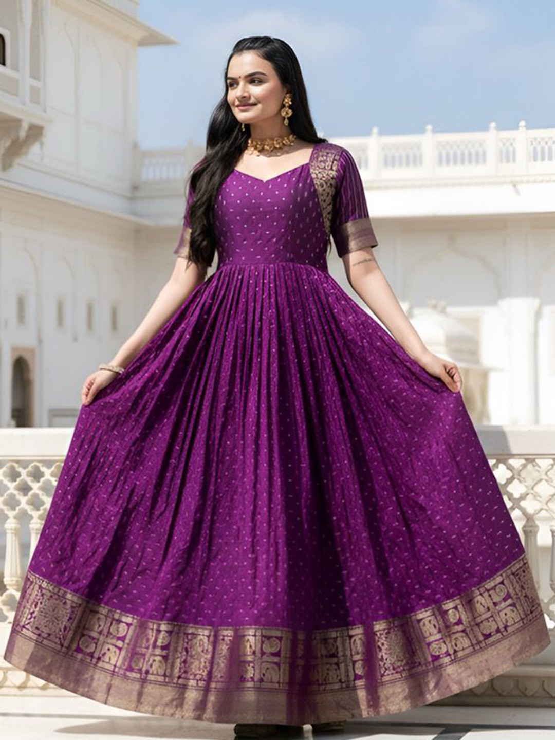 KALANANDI Women Ethnic Motifs Printed V Neck Pure Silk Anarkali Ethnic Dress