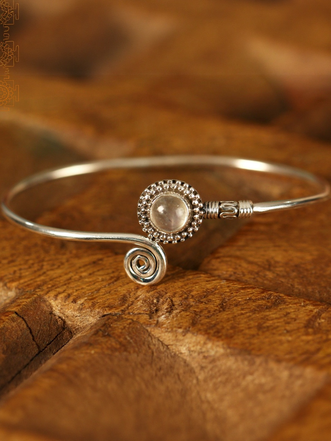 Exotic India Women Sterling Silver Stone and Spiral Cuff Bracelet