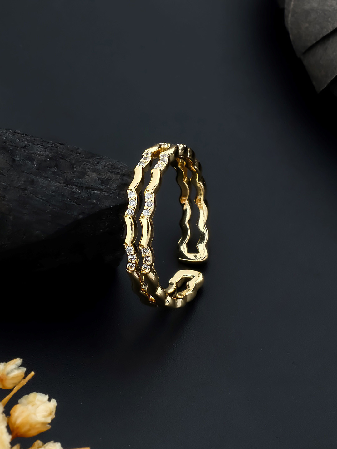 QUERALT Brass Plated Stainless Steel American Diamond Studded Double Layer Wavy Ring