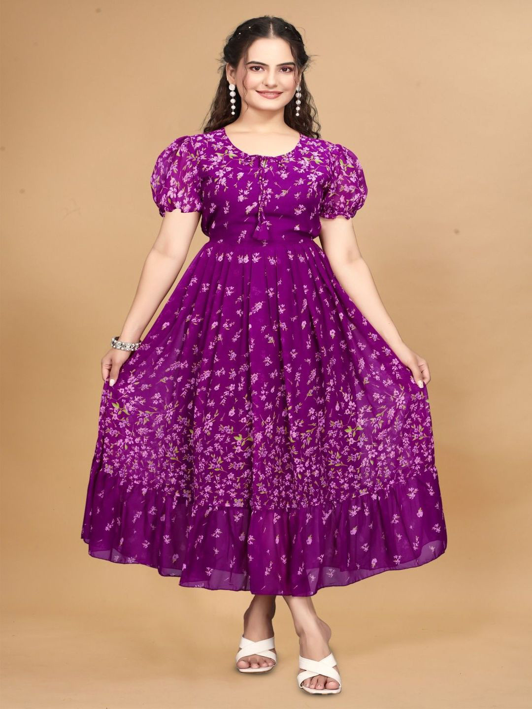 MARUTINANDAN IMPEX Women Floral Printed Puff Sleeve Fit & Flare Short Dress