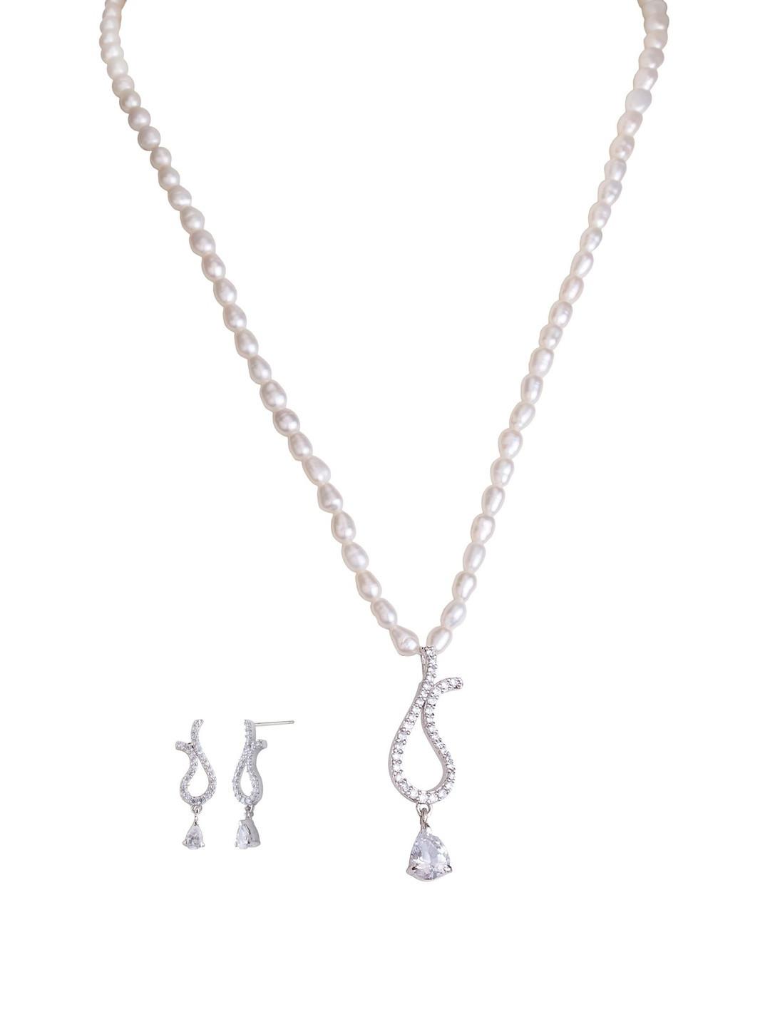 D.D Pearls Sterling Silver Plated Stone Studded & Pearls Beaded Necklace & Drop Earrings