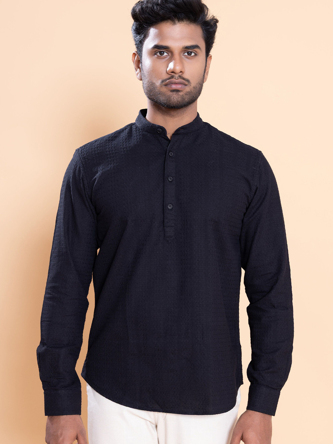 Native Bull Men Classic Fit Textured Band Collar Cotton Casual Shirt