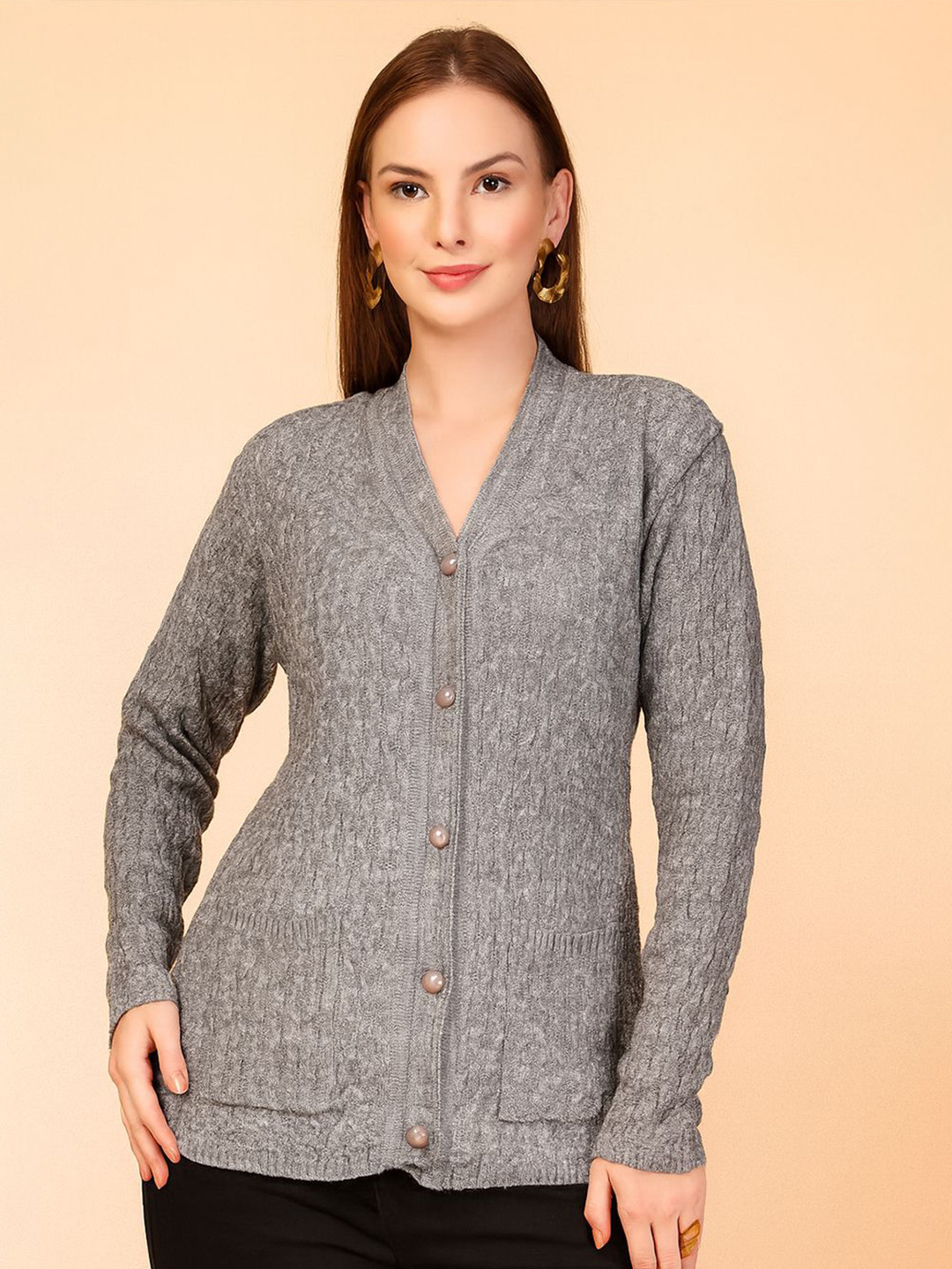 all about you Women Textured Knitted Button-Down Cardigan with Pockets
