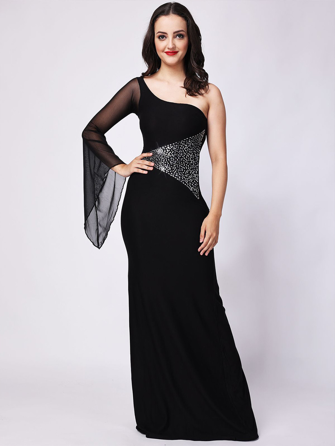 Lola  Dola Embellished One Shoulder Flared Sleeves Sheath Maxi Dress