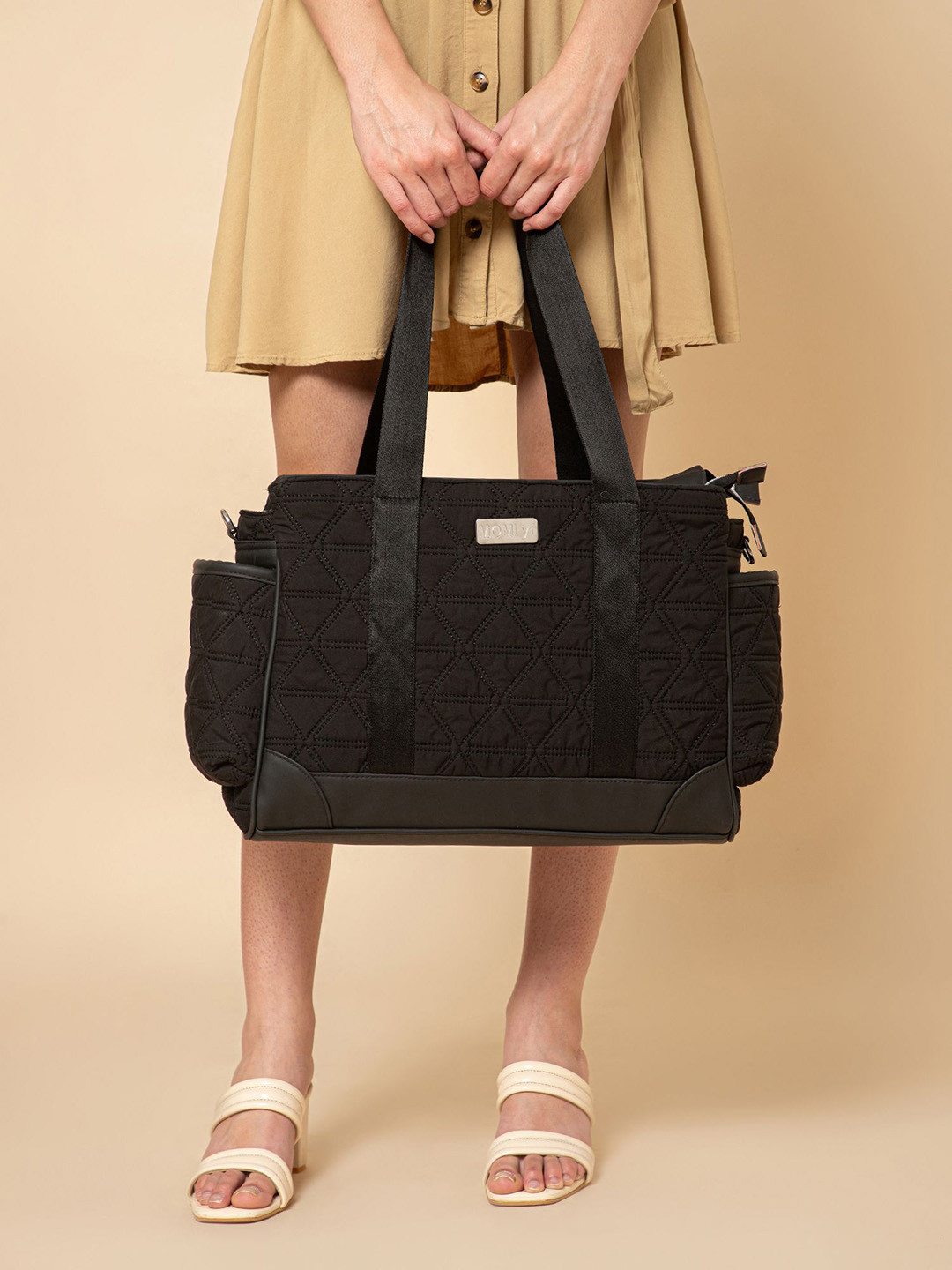 MOMLyf Kynah Unisex Vegan Leather Trim Quilted Diaper Shoulder Bag - Black