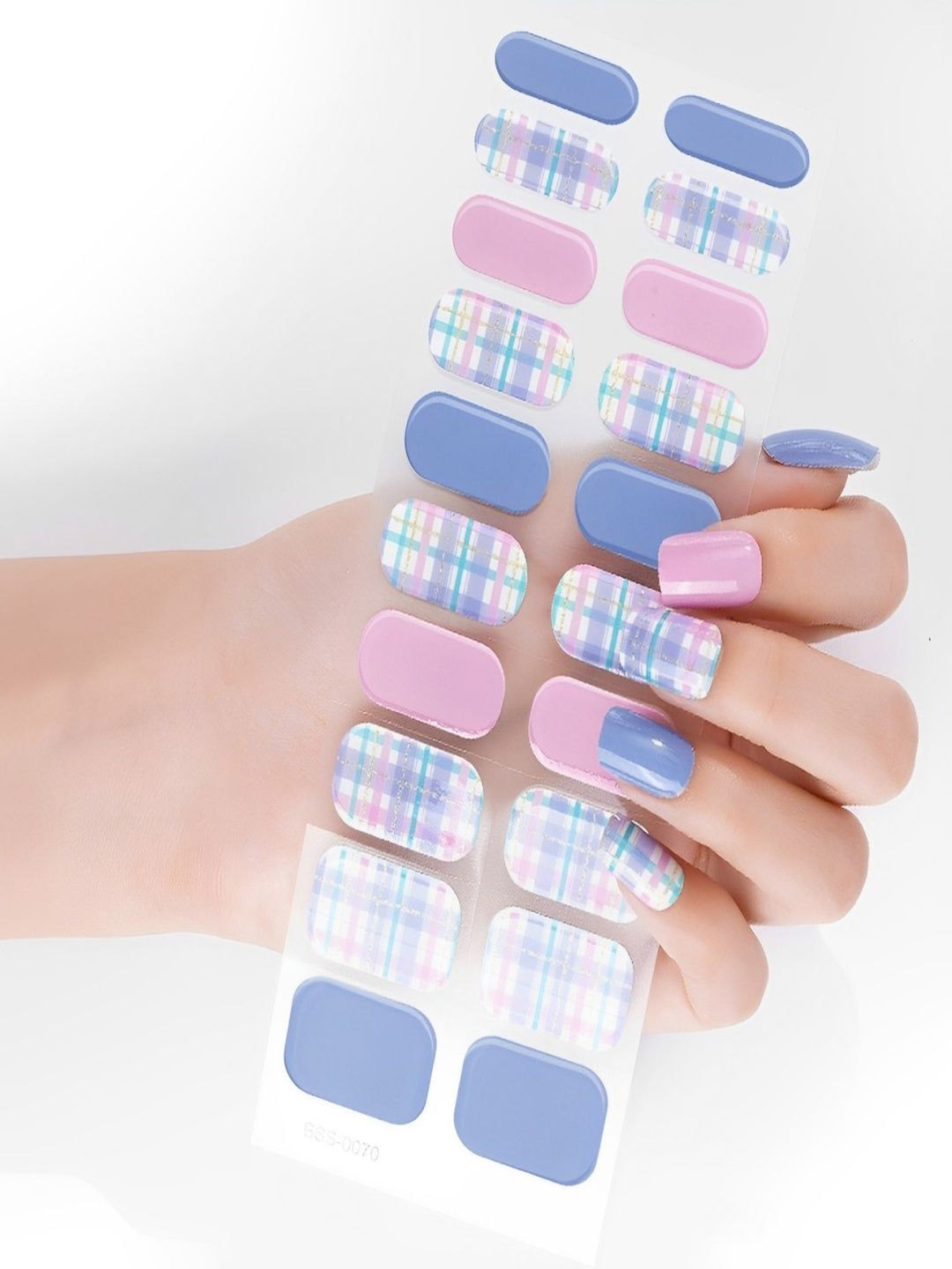 TLISMI Set Of 20 Self Adhesive Semi Cured Nail Gel Strips - Periwinkle Checkered