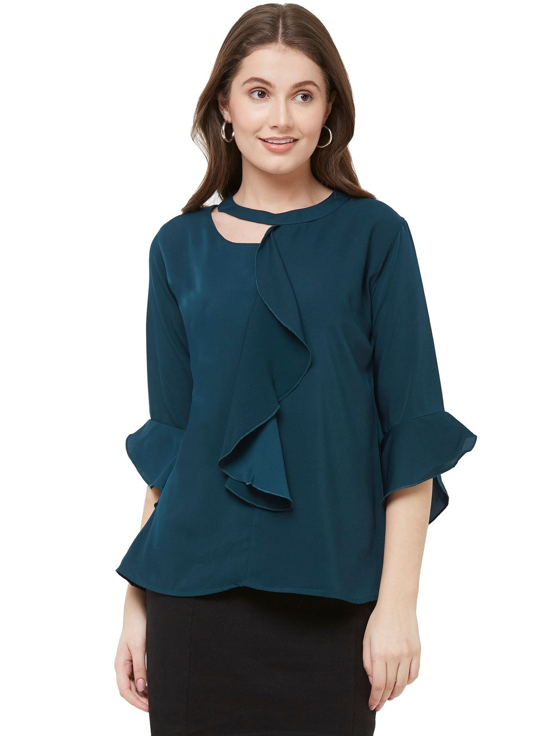 G0-4 IT Women Keyhole Neck Bell Sleeve Ruffles Georgette Top