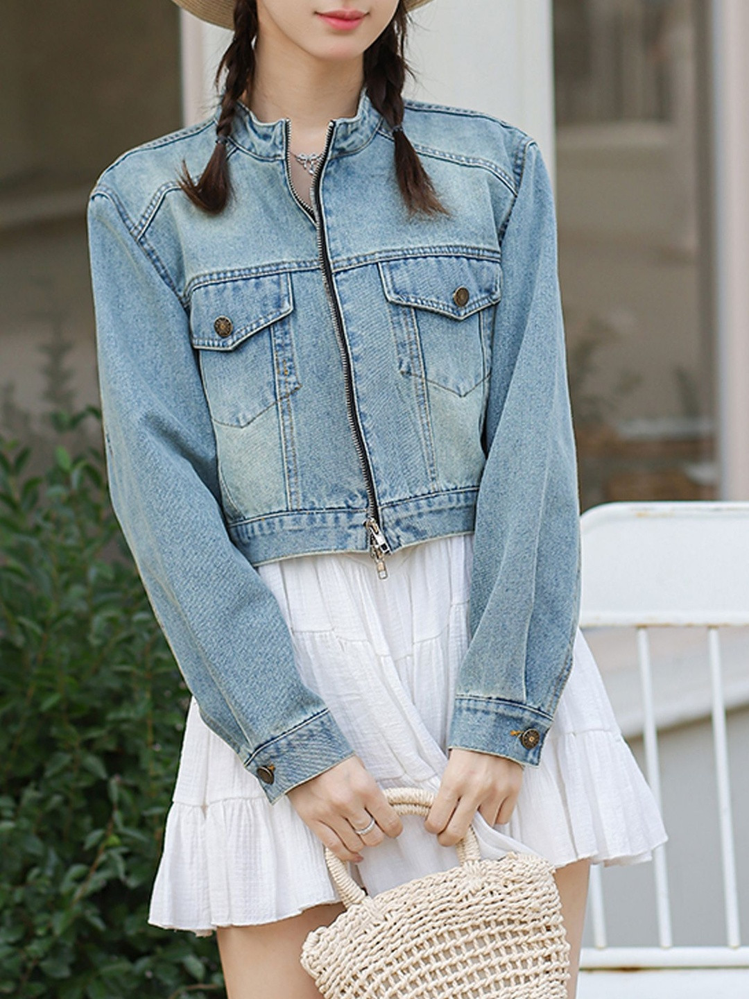 HERE&NOW Women Blue Front Zipper Long Sleeves Stand Collar Denim Jacket