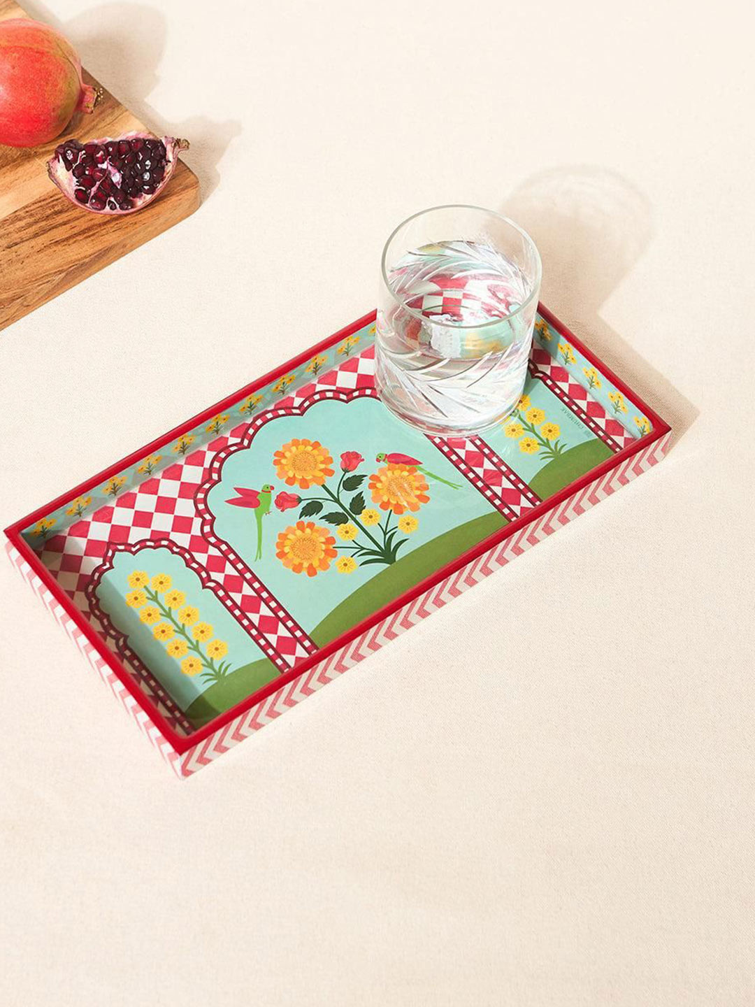 Chumbak Rani Bagh Red & Blue Wooden Tray
