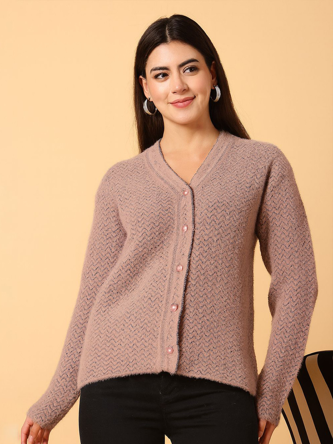 all about you Women Self Design Woolen Knitted Cardigan