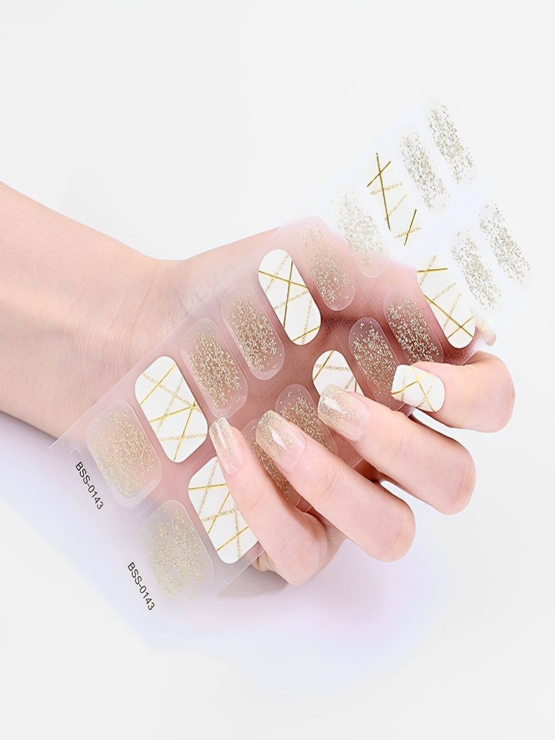 TLISMI Set Of 20 Self Adhesive Semi Cured Nail Gel Strips - Crystal Gold Veil