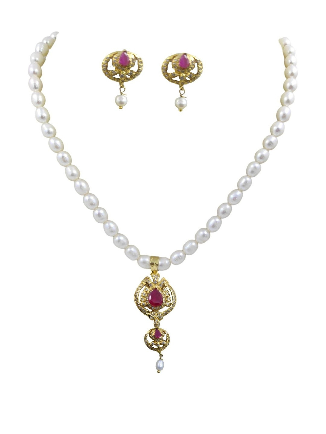 D.D Pearls Women Necklace With AD Pendant Pearls-Beaded Jewellery Set