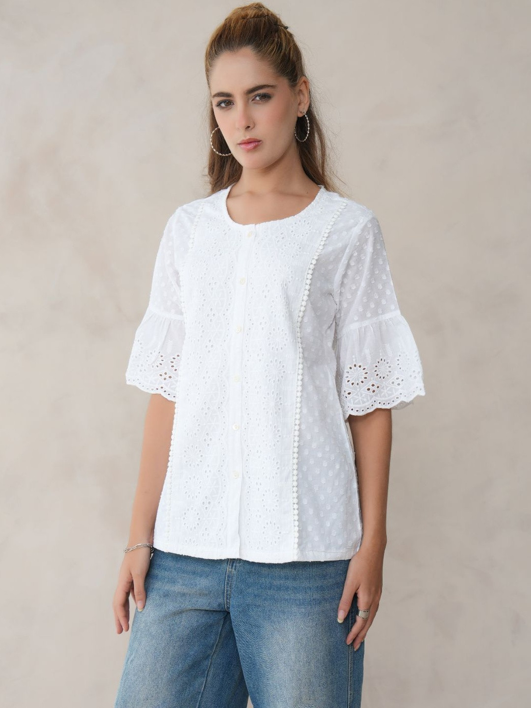 Zolo Label Women White Cotton Floral Embroidered Bell Sleeve Shirt Style Top