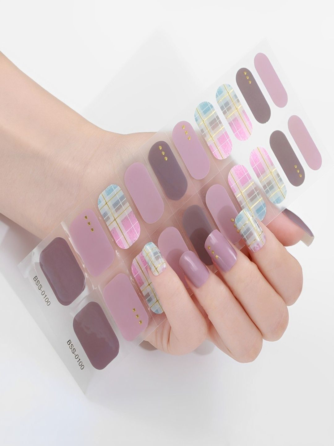 TLISMI Set Of 20 Self Adhesive Semi Cured Nail Gel Strips - Vintage Mauve Plaid