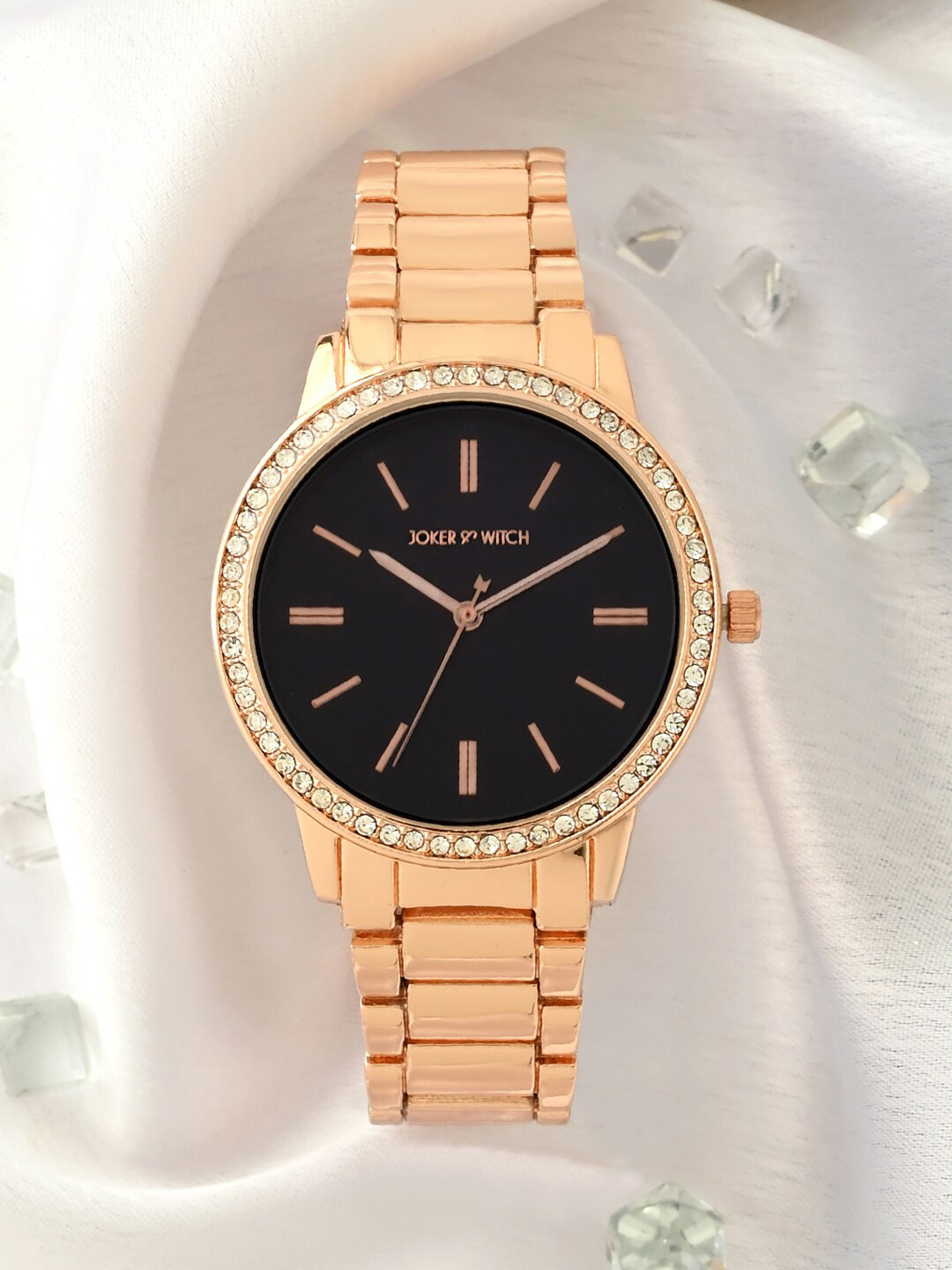 JOKER & WITCH Women Black Patterned Dial & Rose Gold Bracelet Style Analogue Watch AMWW655