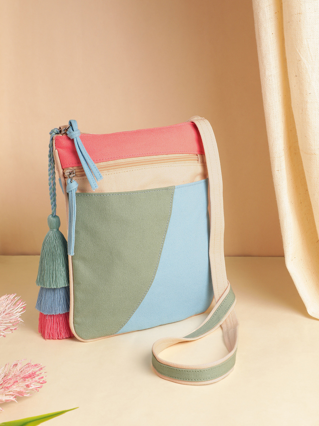 Anekaant Hue Blue Cotton Canvas Colourblocked Sling Bag