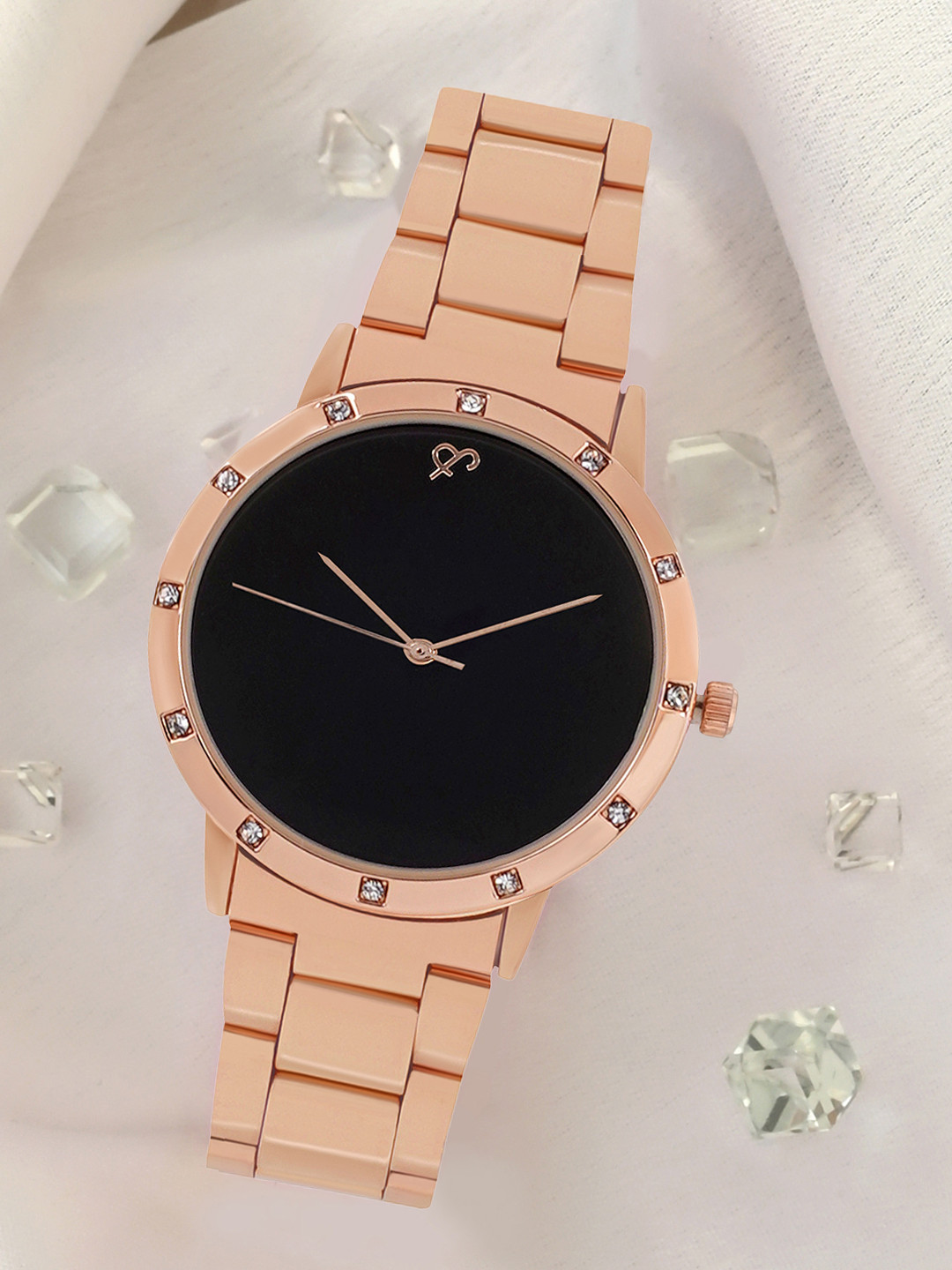 JOKER & WITCH Women Black Dial & Rose Gold-Plated Stainless Steel Bracelet Style Straps Analogue Watch