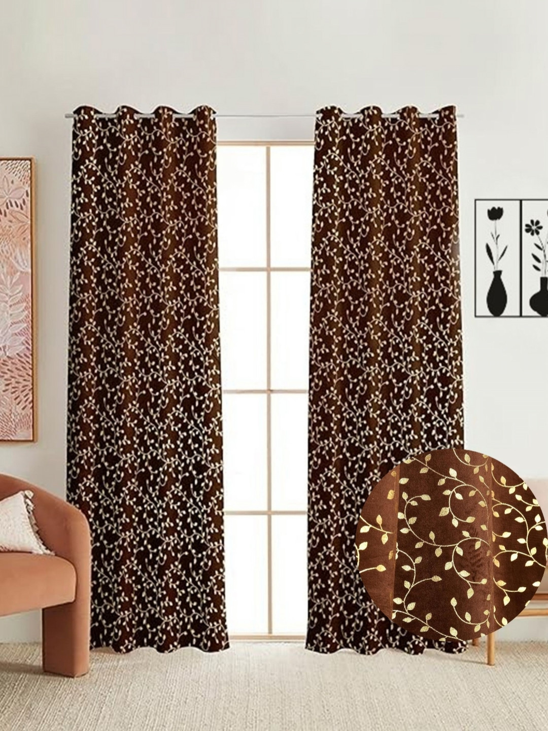GEET CREATIONS Brown And Gold Toned 2 Pieces Room Darkening Velvet Window Curtains