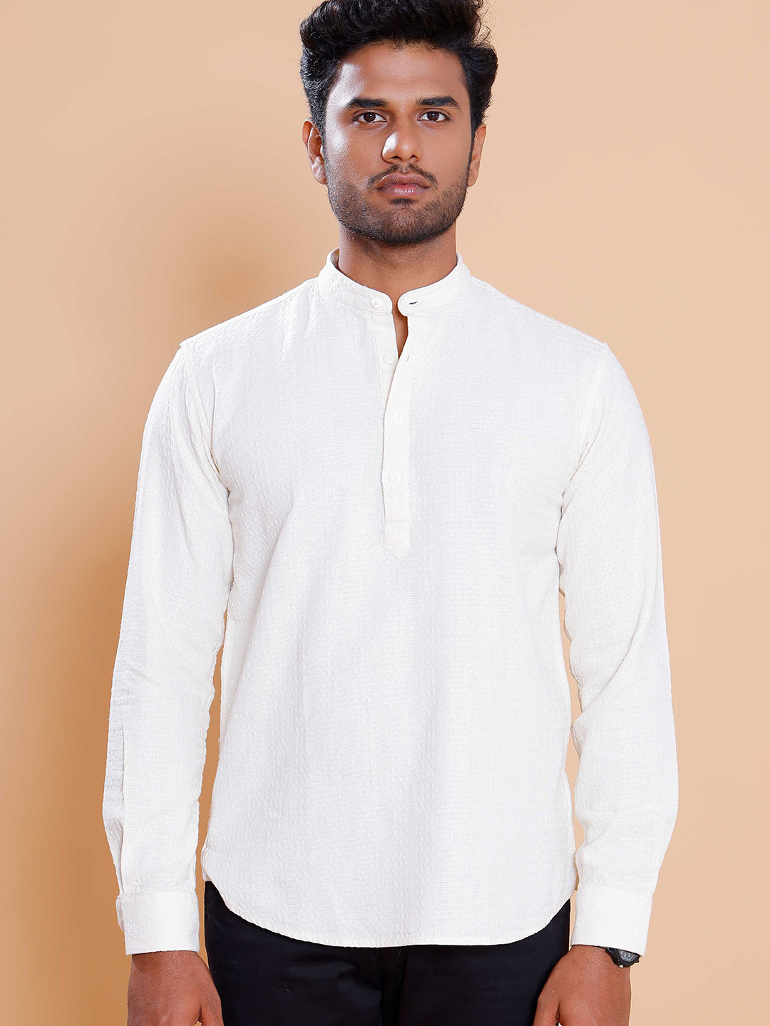 Native Bull Classic Fit Self Design Band Collar Cotton Casual Shirt