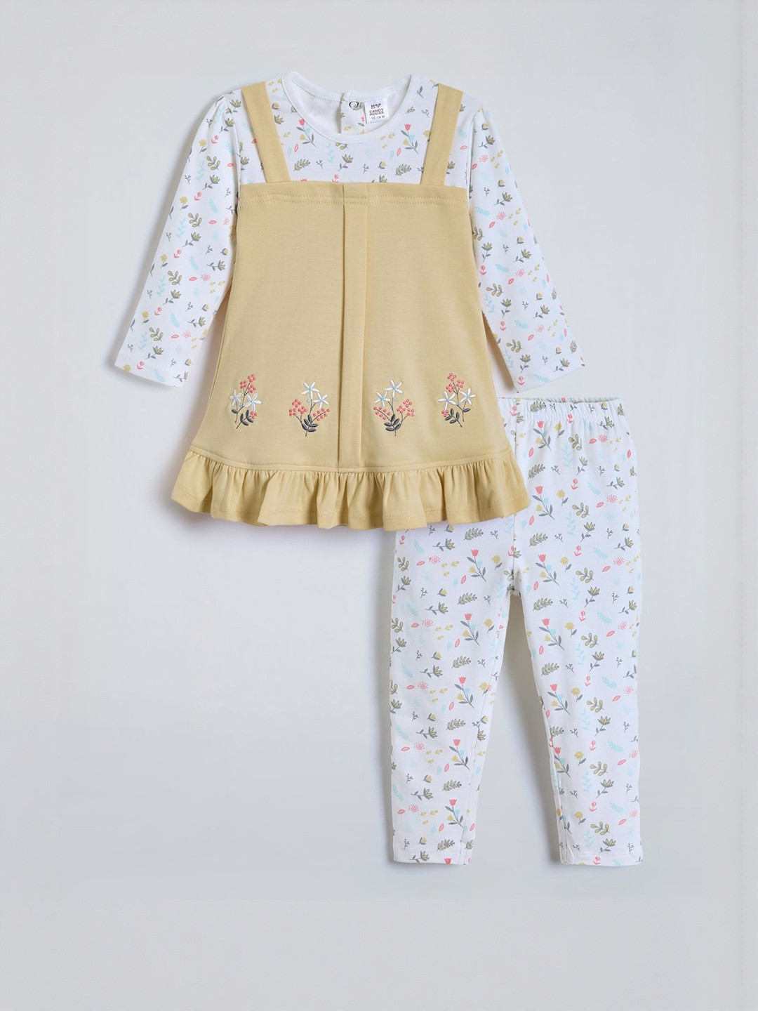 Hopscotch Girls Brown Floral Pinafore Round Neck Long Sleeves Cotton Clothing Set