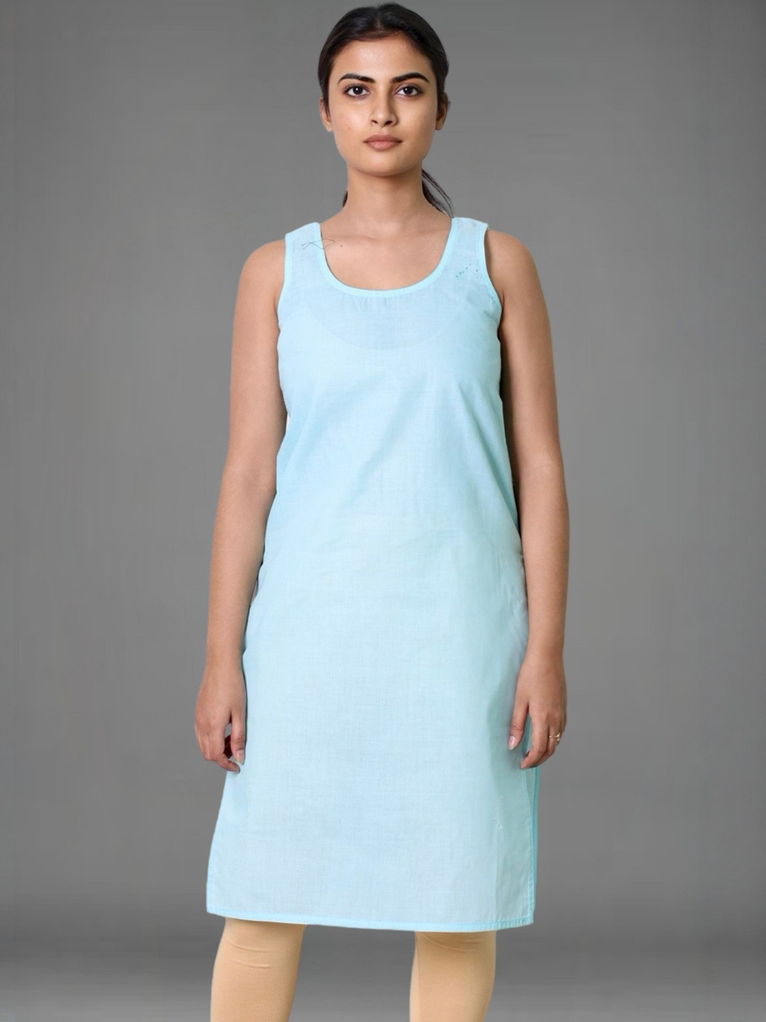 myplusfashion Women Blue Cotton Long Kurti Camisole