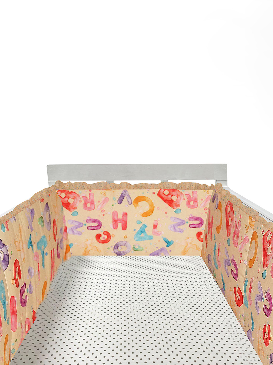 OSCAR HOME Beige & Blue Alphabets Printed Cotton Crib Ruffled Baby Bed Bumper