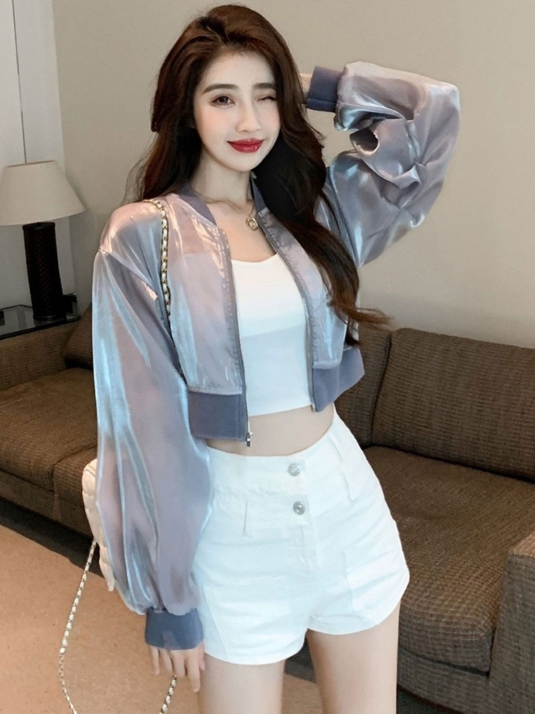 StyleCast Women Crop Crop Open Front Jacket Sheer Open Front Jacket