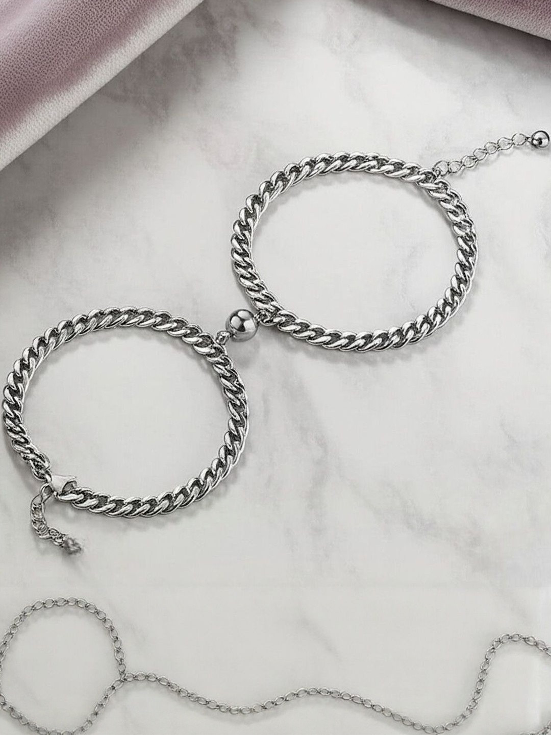 DressBerry Women Set of 2 Silver-Plated Link Matching Round Magnet Couples Bracelet