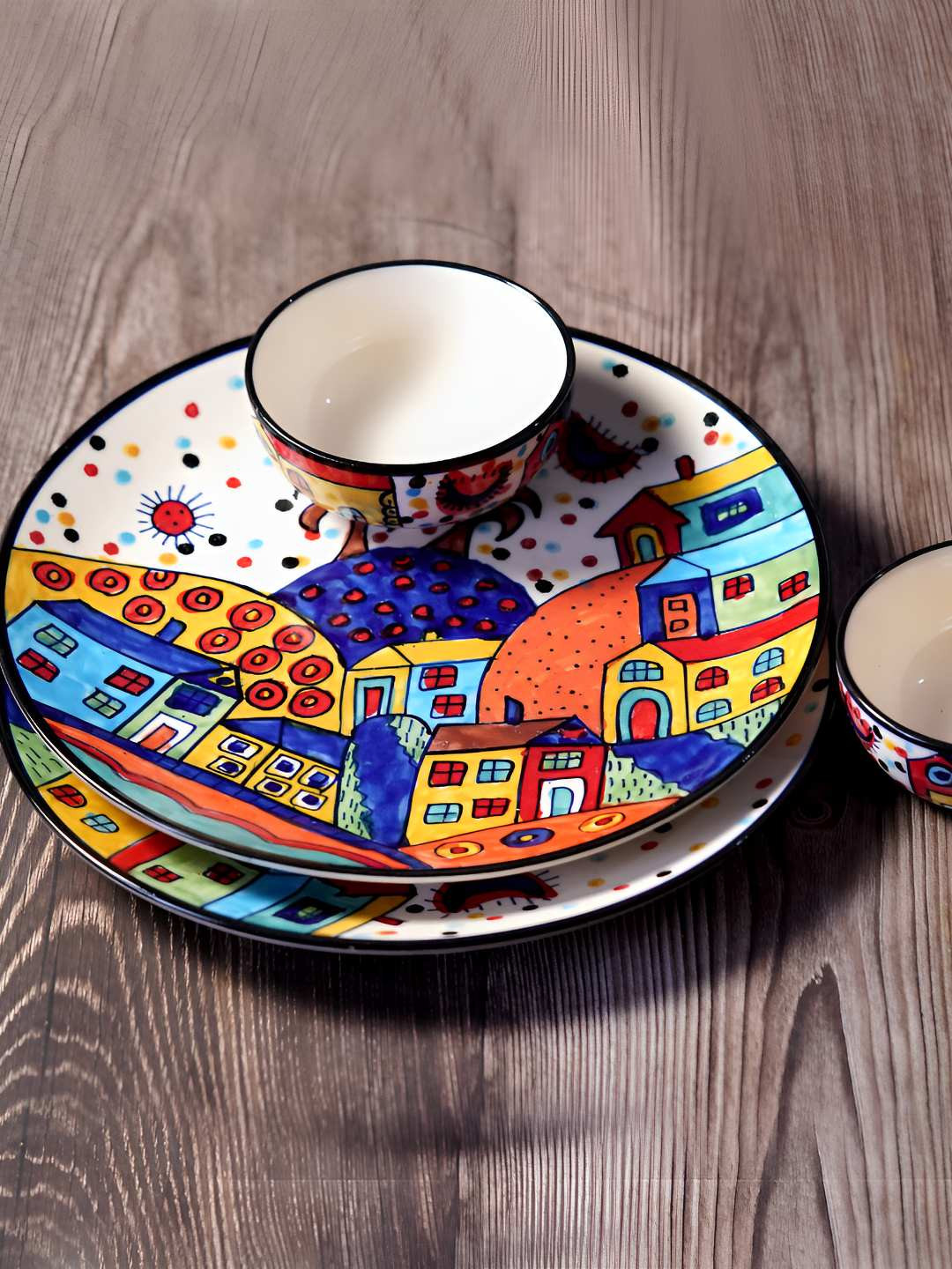 yourowndcor White & Blue 4 Pieces Ceramic Dishwasher Safe Dip Bowls & Plates