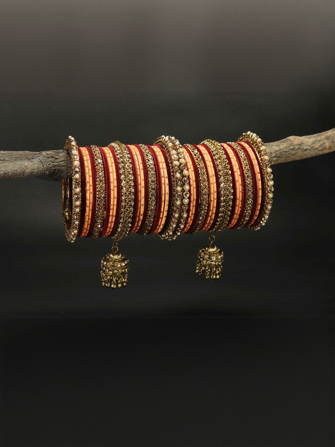 GLIKA Set of 42 Gold-Plated Artificial Stones and Beads Jhumka Charm Bangles