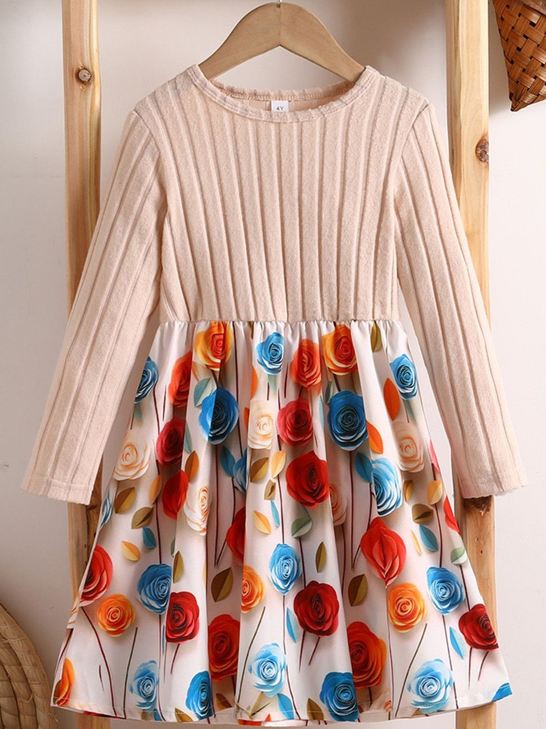 YK Gilrs Floral Apricot Rose Printed Fit & Flare Dress