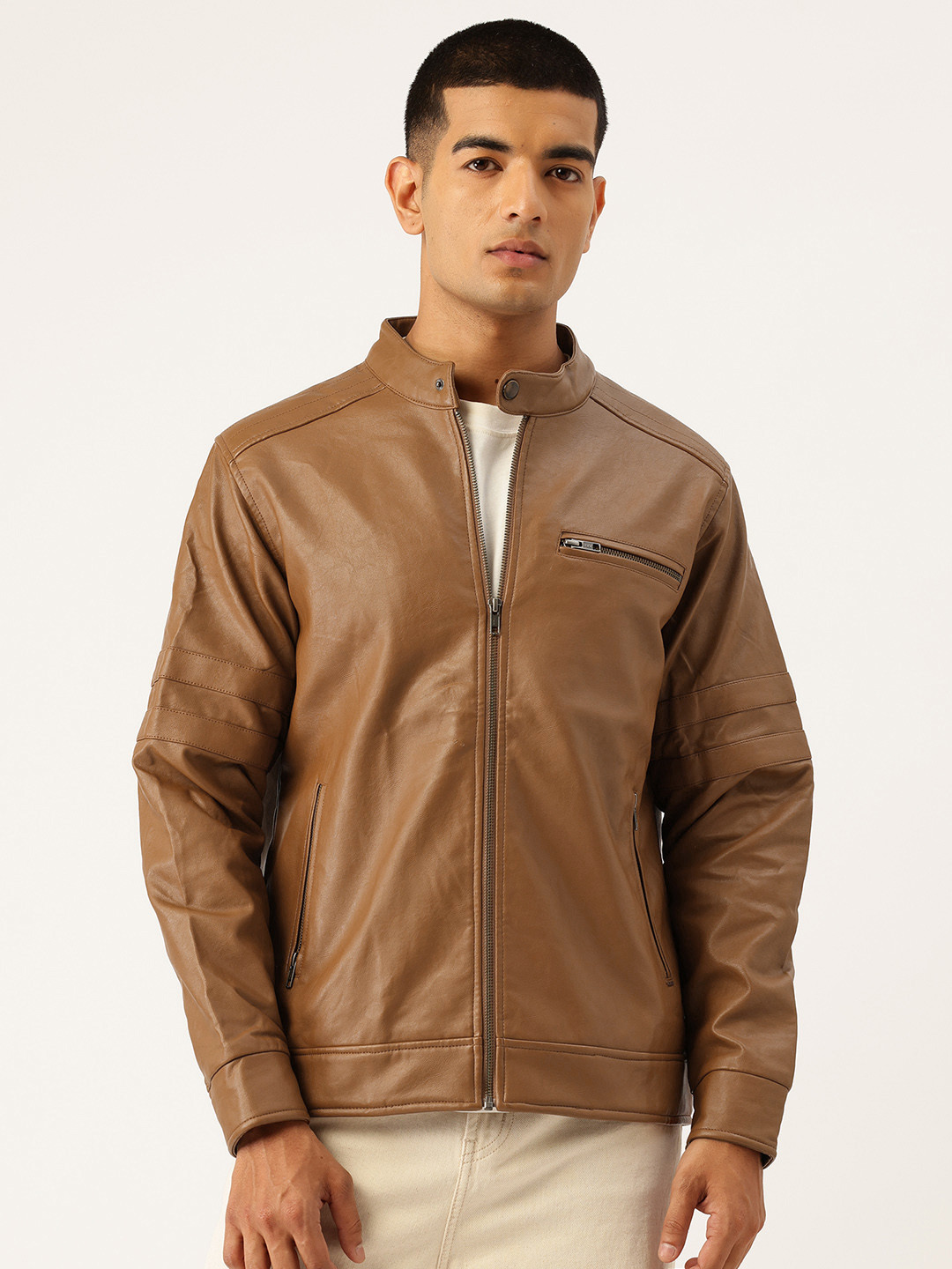 Okane Faux Leather Trim Mandarin Collar Tailored Jacket