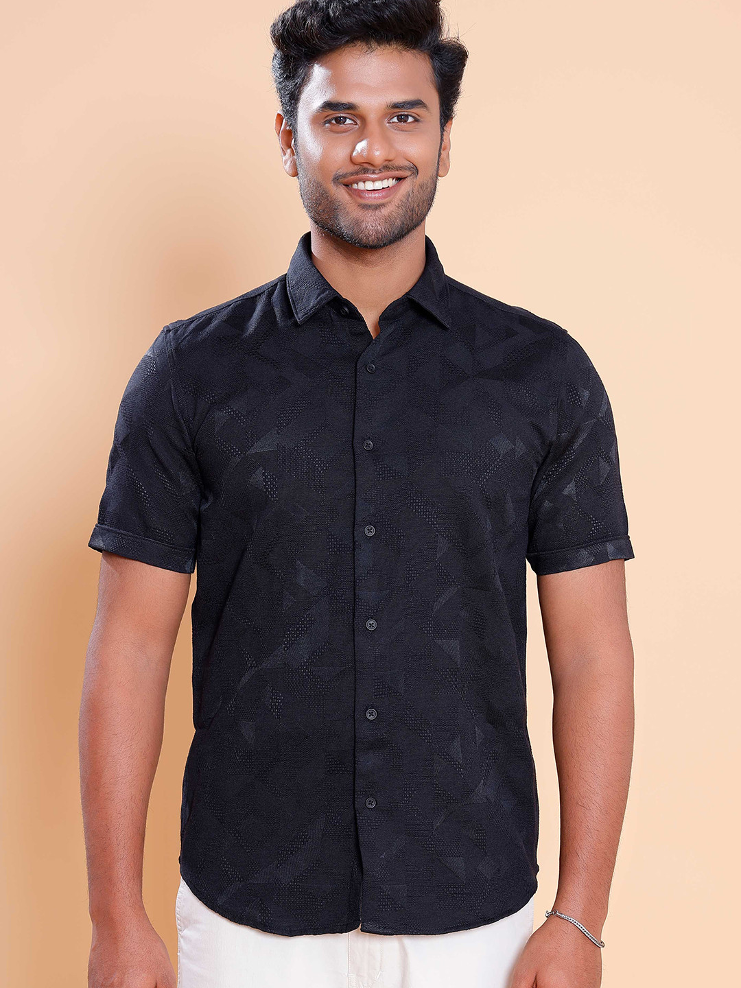 Native Bull Classic Self Design Spread Collar Cotton Shirt